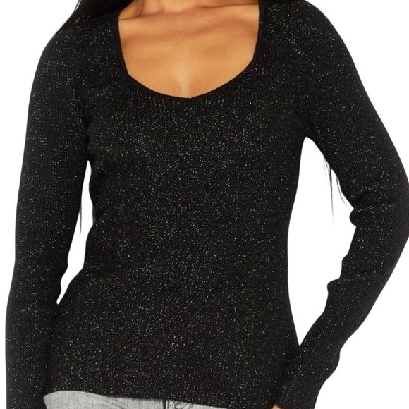 Anthropologie Tops - Anthropologie Black Gold Metallic Ribbed Sweetheart Long Sleeve Top Blouse XS